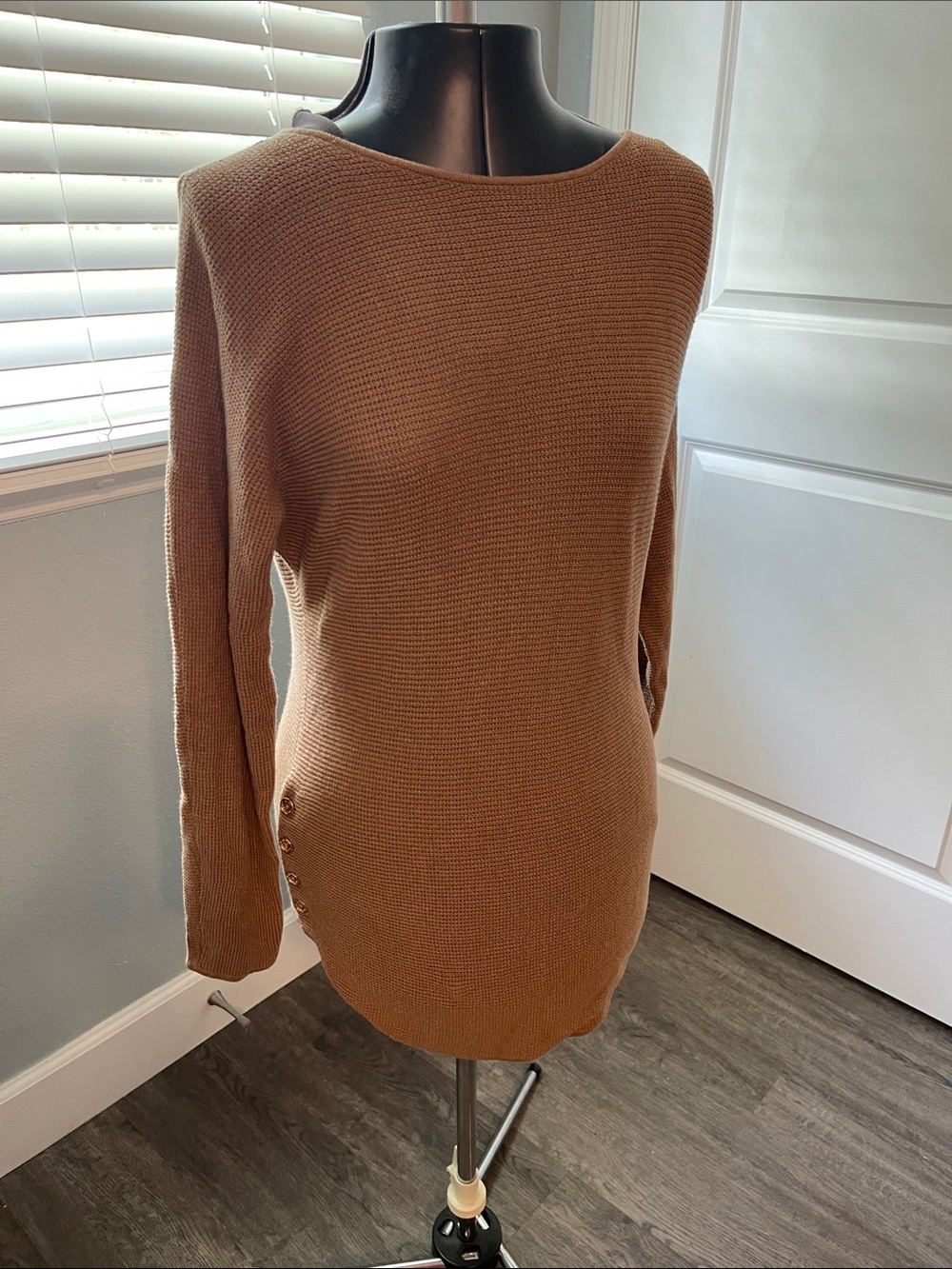 Michael Kors Camel Crewneck Ribbed Sweater with Side Buttons